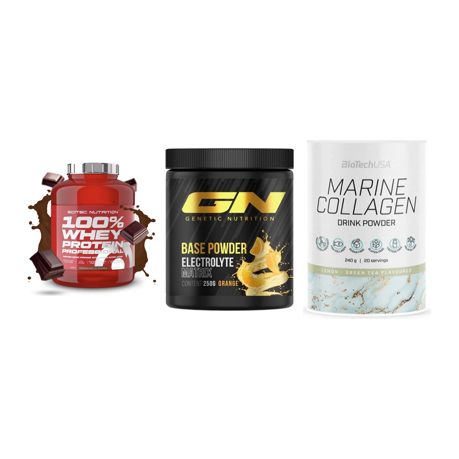 Regenerations-Set: Scitec 100% + GN Base Powder + BioTech Marine – alle enthaltenen Artikel