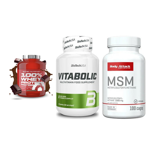 Regenerations-Set: Scitec 100% + BioTech Vitabol + Body Attack MSM – alle enthaltenen Artikel