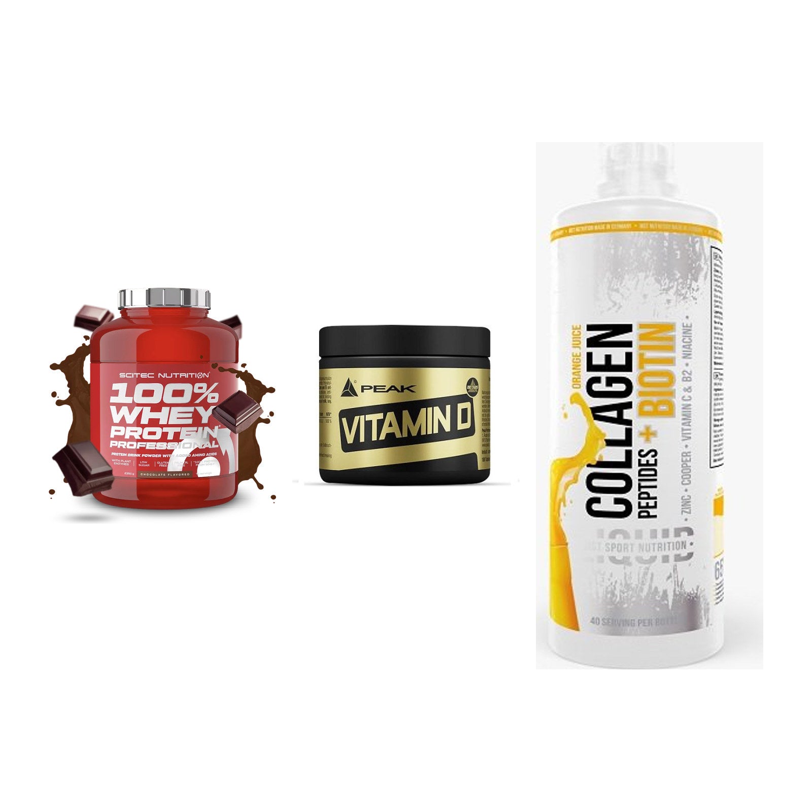 Regenerations-Set: Scitec 100% + Peak Vitamin D + MST Collagen – alle enthaltenen Artikel