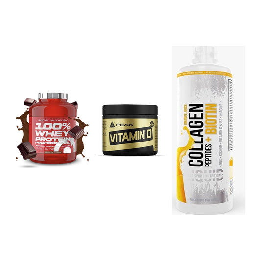 Regenerations-Set: Scitec 100% + Peak Vitamin D + MST Collagen – alle enthaltenen Artikel