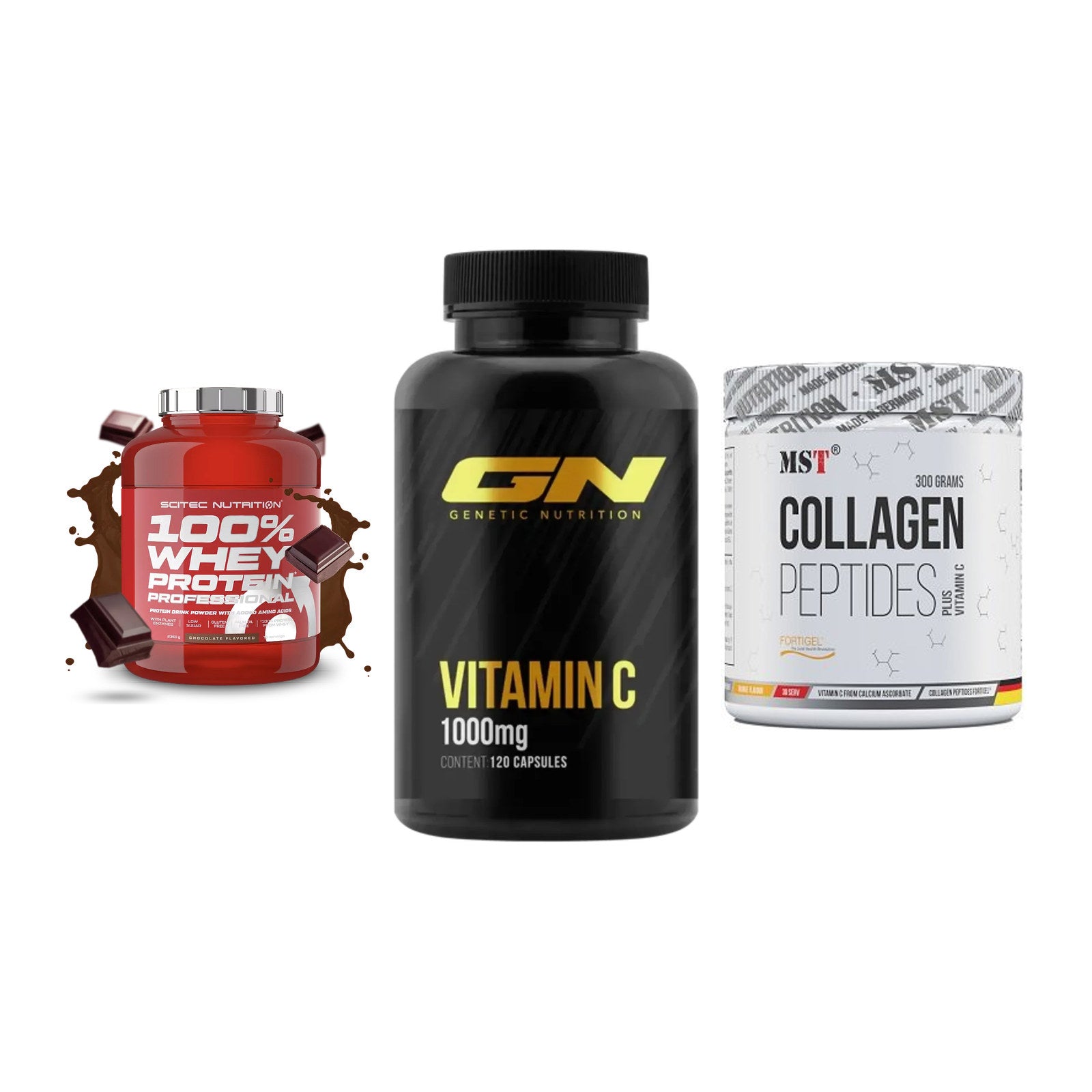 Regenerations-Set: Scitec 100% + GN Vitamin C + MST Collagen – alle enthaltenen Artikel
