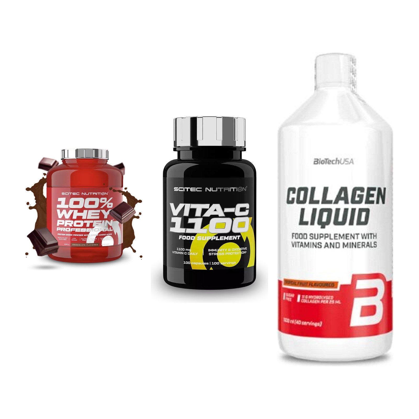 Regenerations-Set: Scitec 100% + Scitec Vitamin + BioTech Collage – alle enthaltenen Artikel