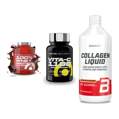 Regenerations-Set: Scitec 100% + Scitec Vitamin + BioTech Collage – alle enthaltenen Artikel