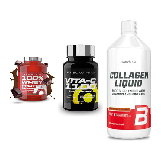Regenerations-Set: Scitec 100% + Scitec Vitamin + BioTech Collage – alle enthaltenen Artikel