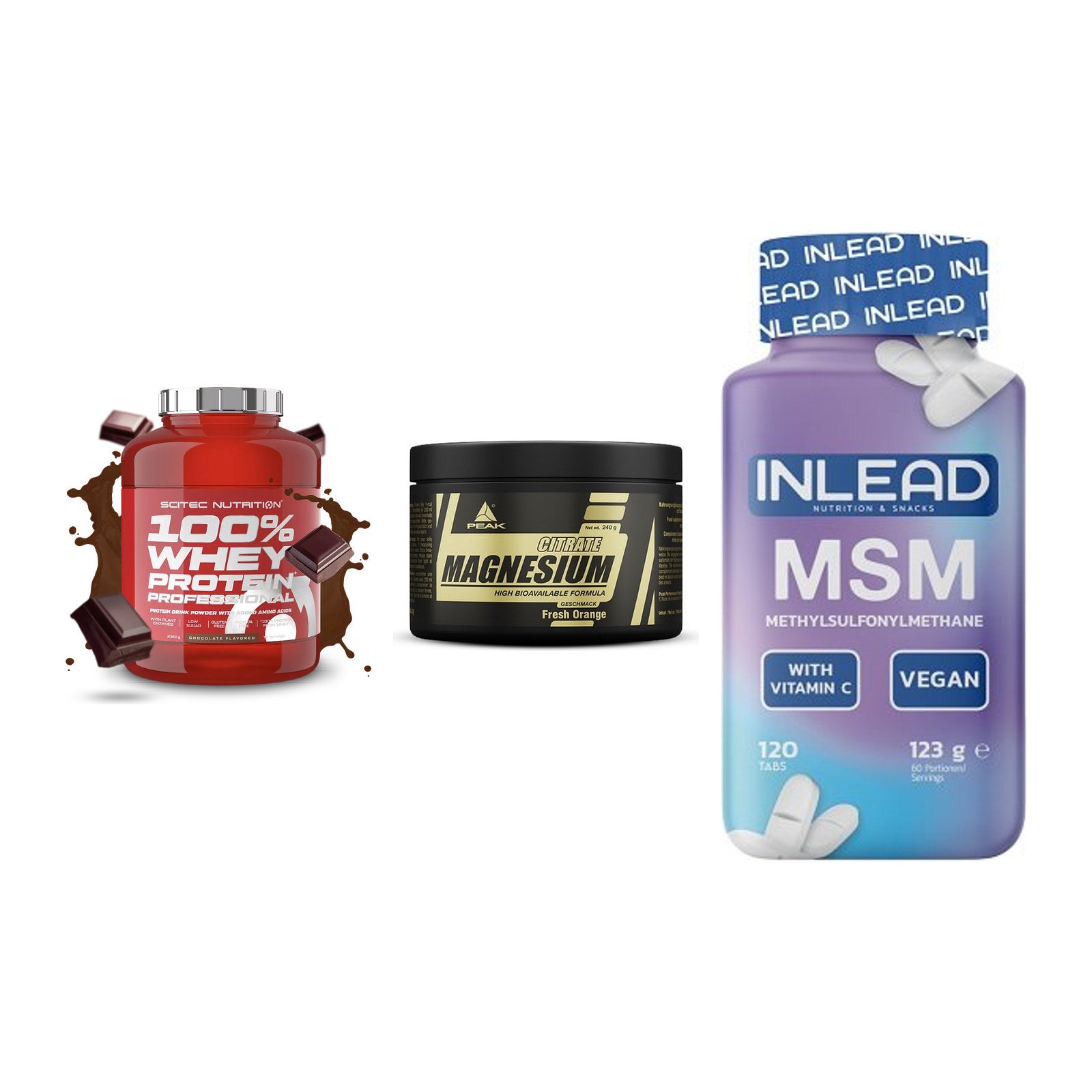 Regenerations-Set: Scitec 100% + Peak Magnesium + INLEAD MSM – alle enthaltenen Artikel