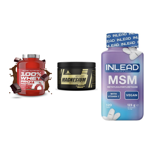 Regenerations-Set: Scitec 100% + Peak Magnesium + INLEAD MSM – alle enthaltenen Artikel