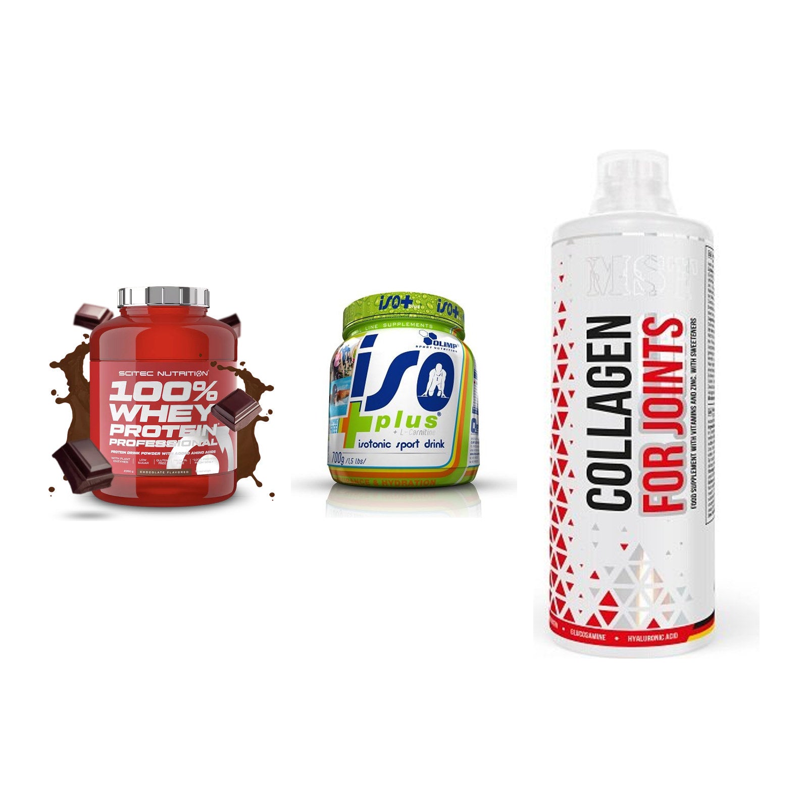 Regenerations-Set: Scitec 100% + Olimp Iso Plus + MST Collagen – alle enthaltenen Artikel
