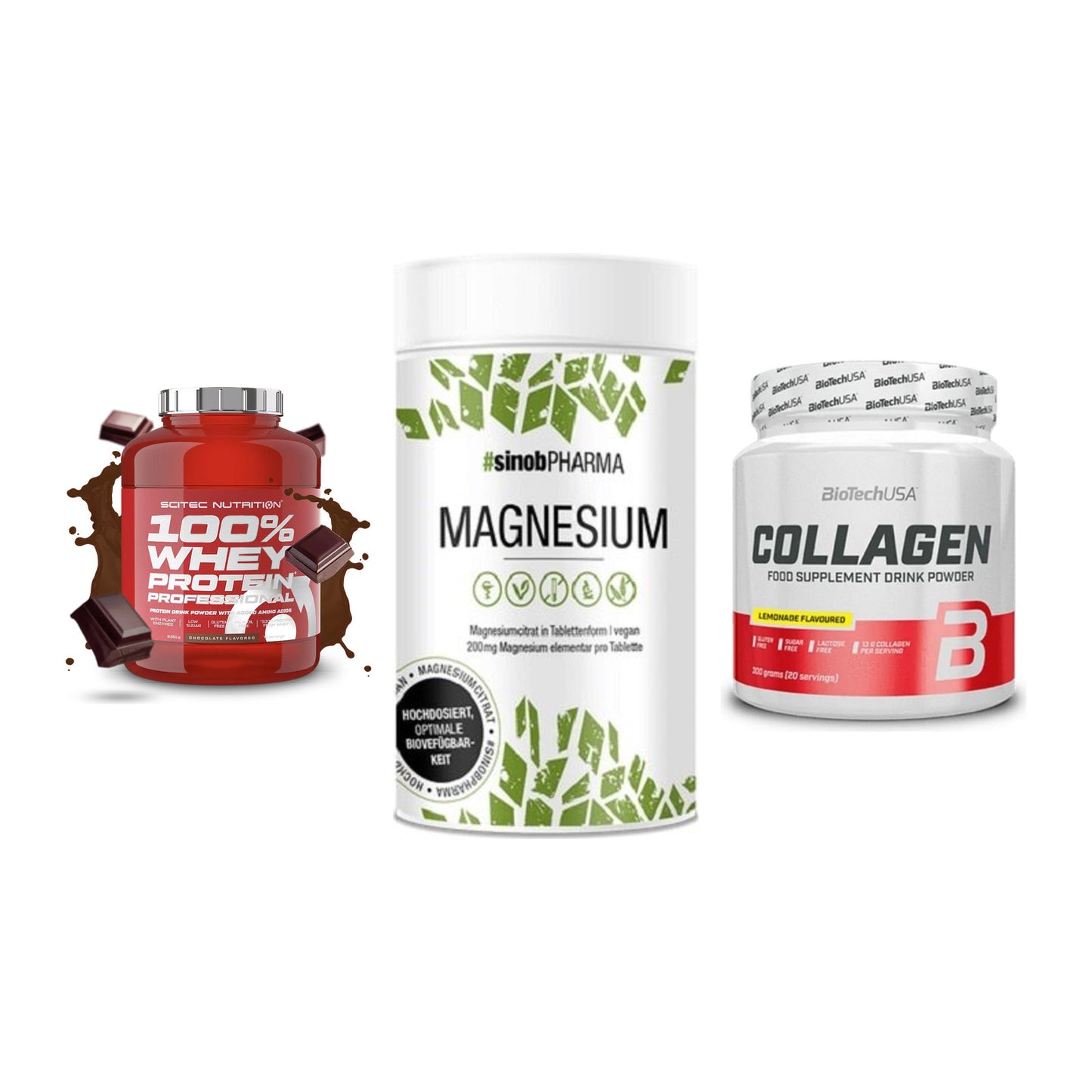 Regenerations-Set: Scitec 100% + Sinob Magnesium + BioTech Collage – alle enthaltenen Artikel