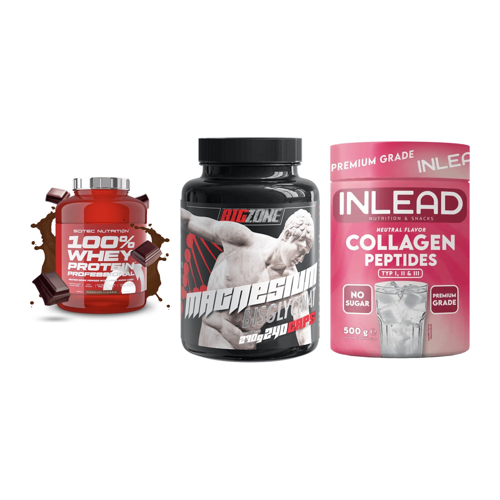 Regenerations-Set: Scitec 100% + Big Zone + INLEAD Collagen – alle enthaltenen Artikel