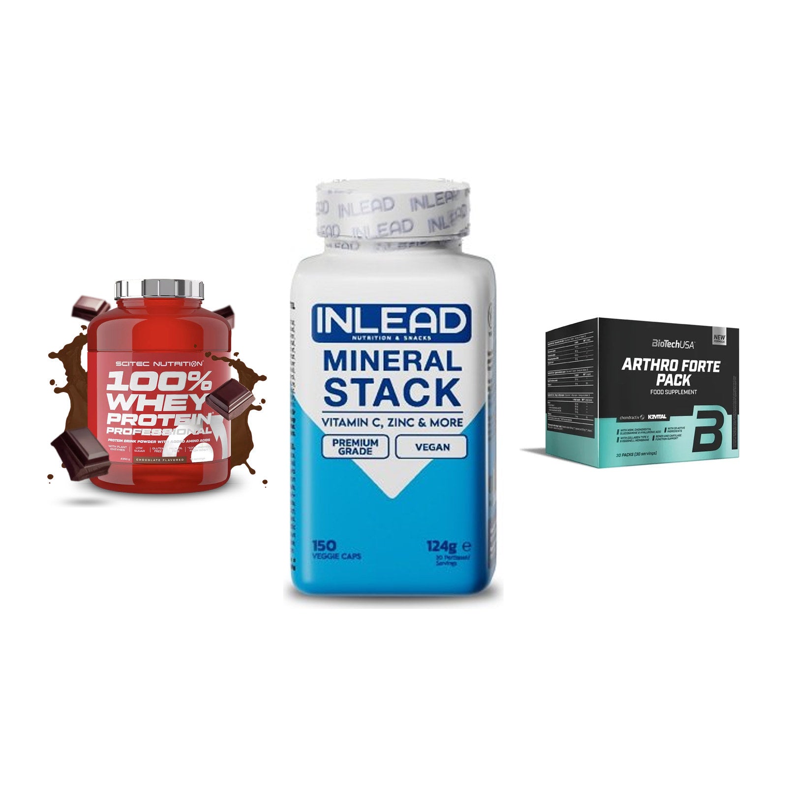 Regenerations-Set: Scitec 100% + INLEAD Mineral + BioTech Arthro – alle enthaltenen Artikel