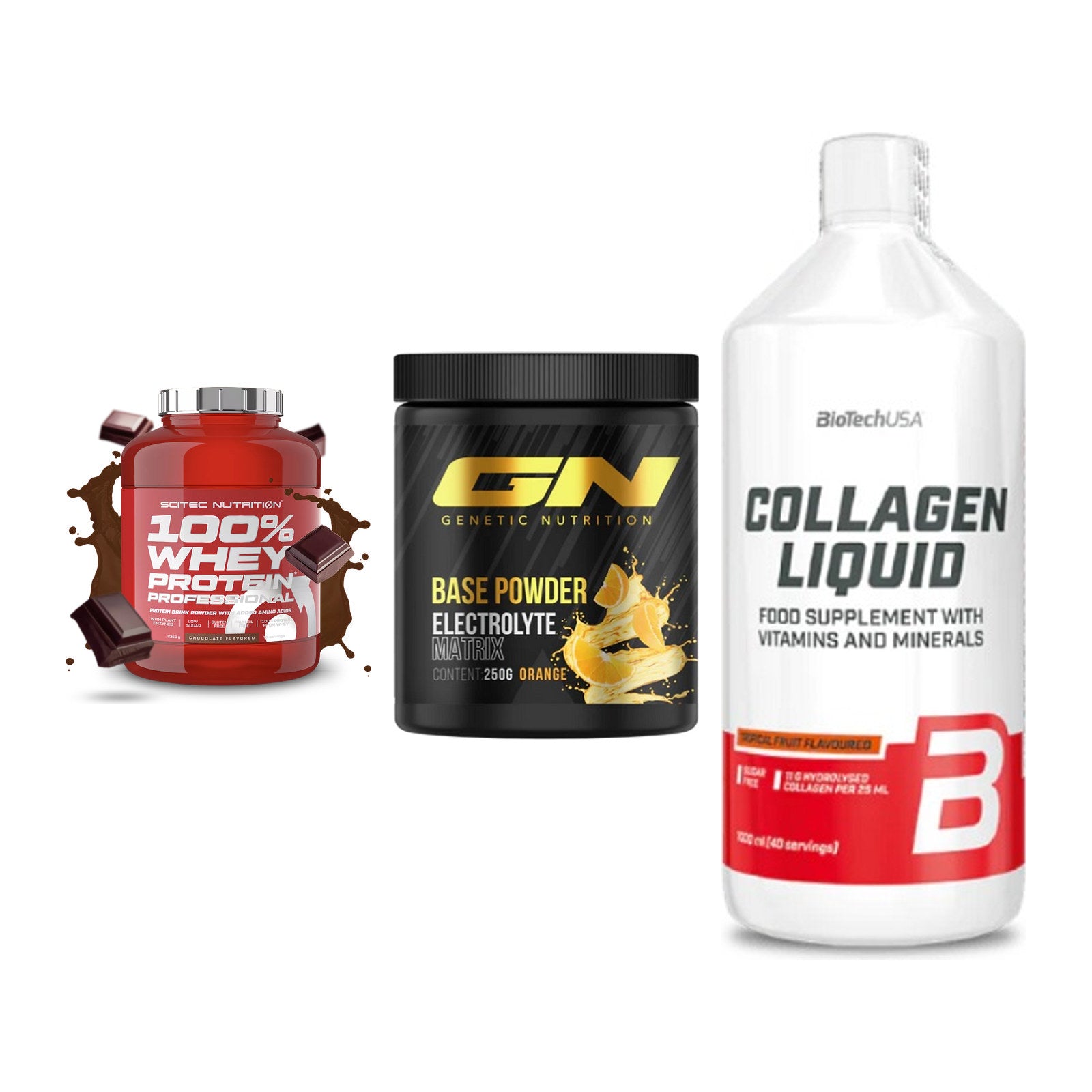 Regenerations-Set: Scitec 100% + GN Base Powder + BioTech Collage – alle enthaltenen Artikel