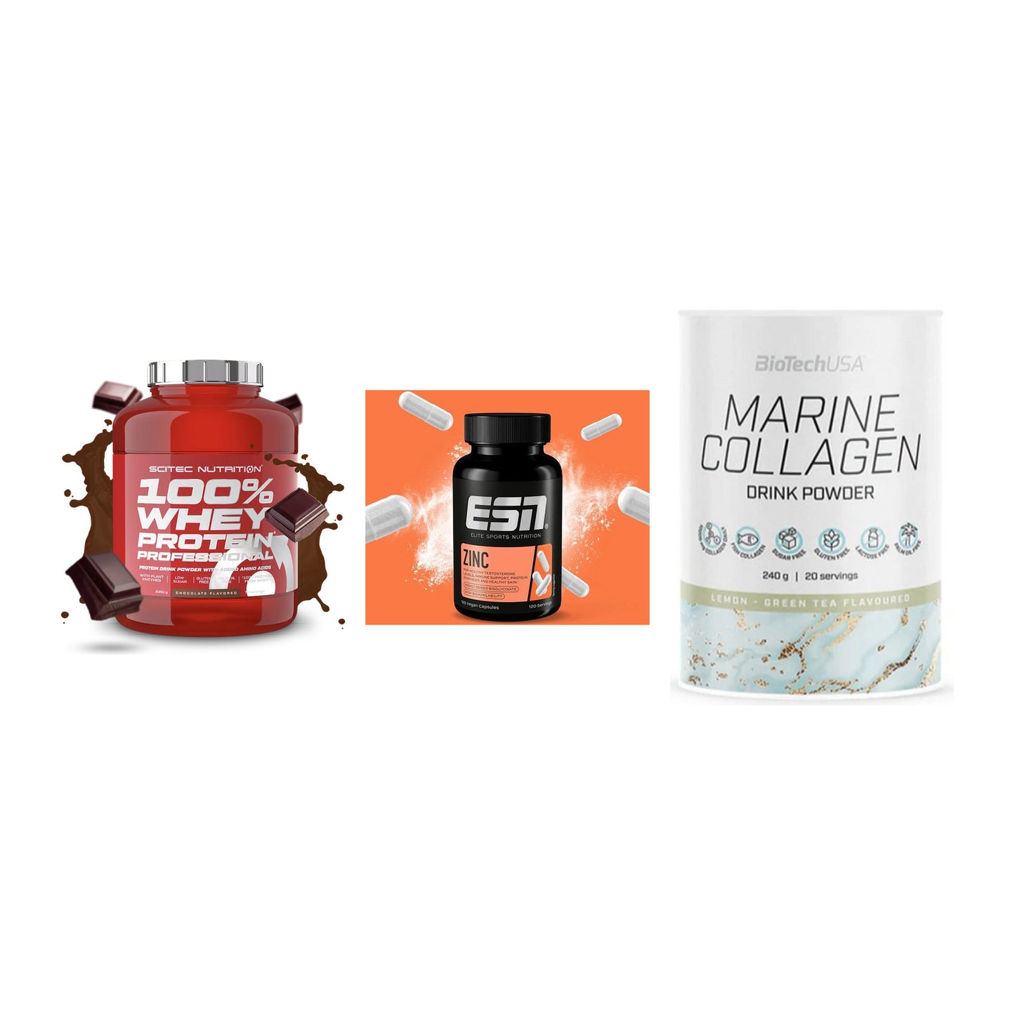 Regenerations-Set: Scitec 100% + ESN Zinc + BioTech Marine – alle enthaltenen Artikel