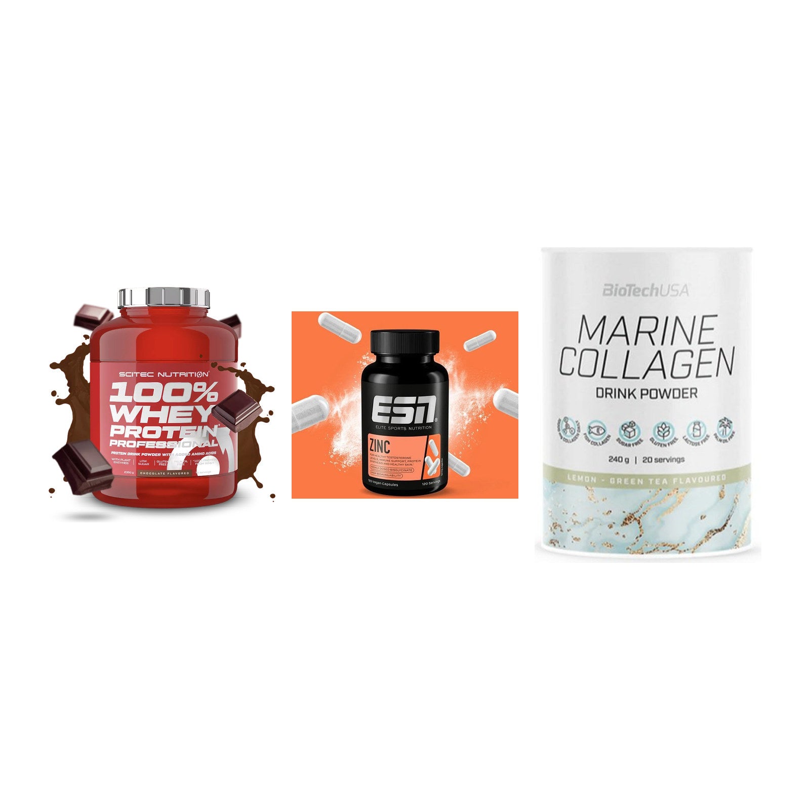 Regenerations-Set: Scitec 100% + ESN Zinc + BioTech Marine – alle enthaltenen Artikel