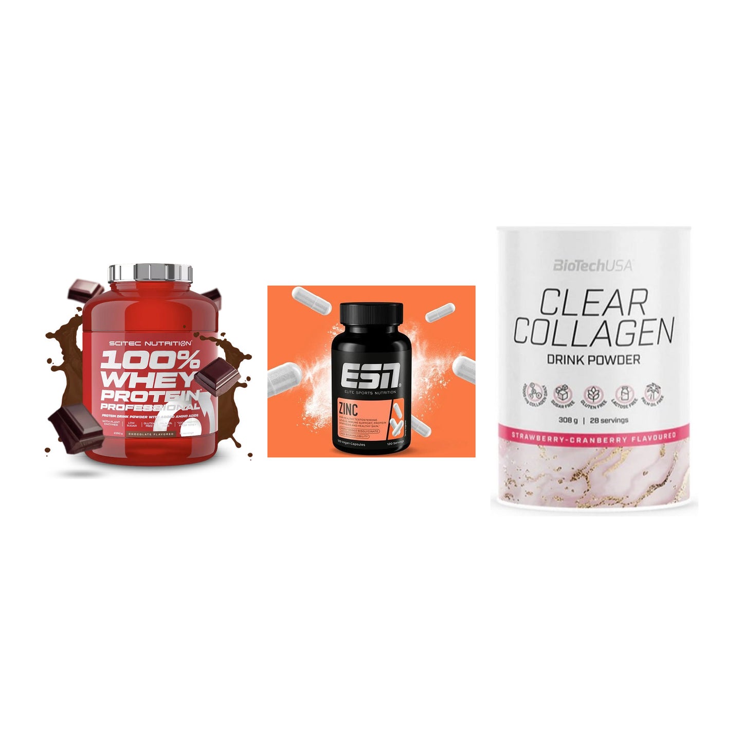 Regenerations-Set: Scitec 100% + ESN Zinc + BioTech Clear – alle enthaltenen Artikel