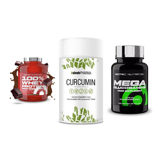 Regenerations-Set: Scitec 100% + Sinob Curcumin + Scitec Mega – alle enthaltenen Artikel