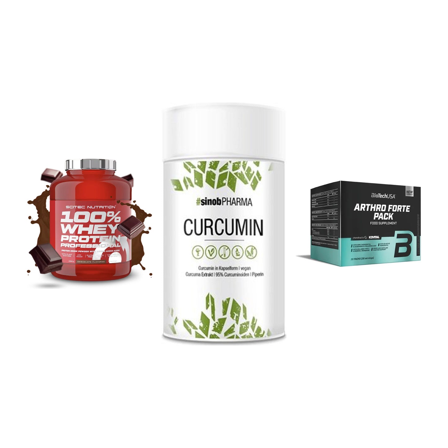 Regenerations-Set: Scitec 100% + Sinob Curcumin + BioTech Arthro – alle enthaltenen Artikel