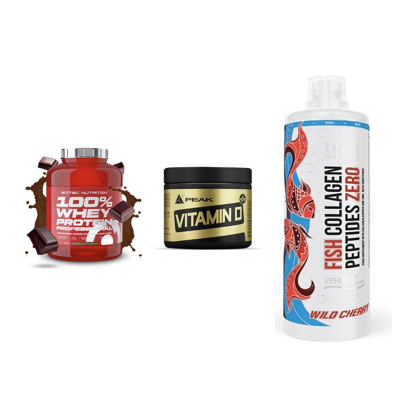 Regenerations-Set: Scitec 100% + Peak Vitamin D + MST Fish – alle enthaltenen Artikel
