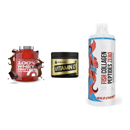 Regenerations-Set: Scitec 100% + Peak Vitamin D + MST Fish – alle enthaltenen Artikel