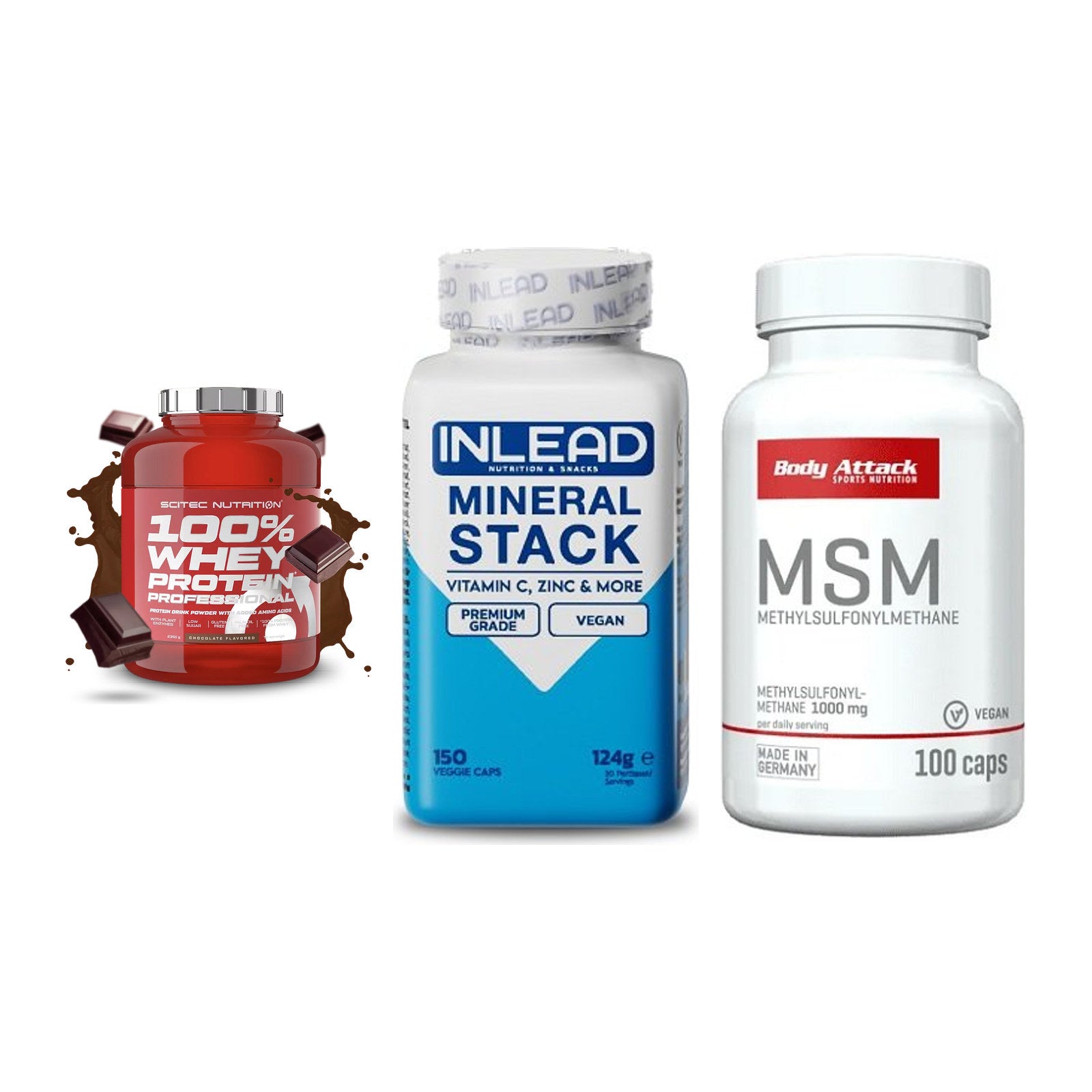Regenerations-Set: Scitec 100% + INLEAD Mineral + Body Attack MSM – alle enthaltenen Artikel