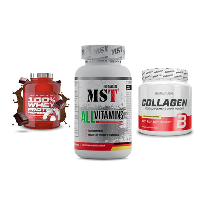 Regenerations-Set: Scitec 100% + MST All Vitamin + BioTech Collage – alle enthaltenen Artikel