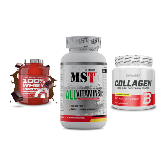 Regenerations-Set: Scitec 100% + MST All Vitamin + BioTech Collage – alle enthaltenen Artikel
