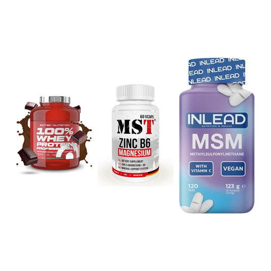 Regenerations-Set: Scitec 100% + MST Zinc + INLEAD MSM – alle enthaltenen Artikel