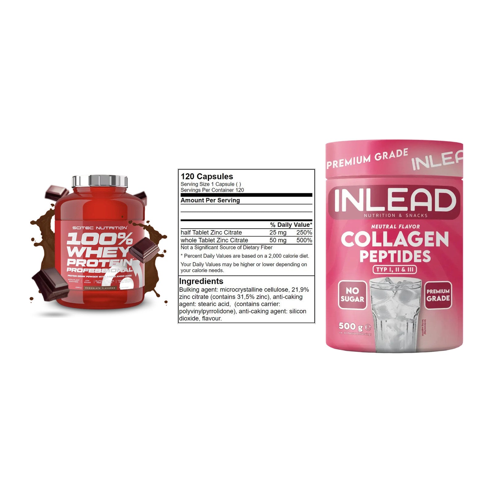 Regenerations-Set: Scitec 100% + GN Zinc Citrate + INLEAD Collagen – alle enthaltenen Artikel