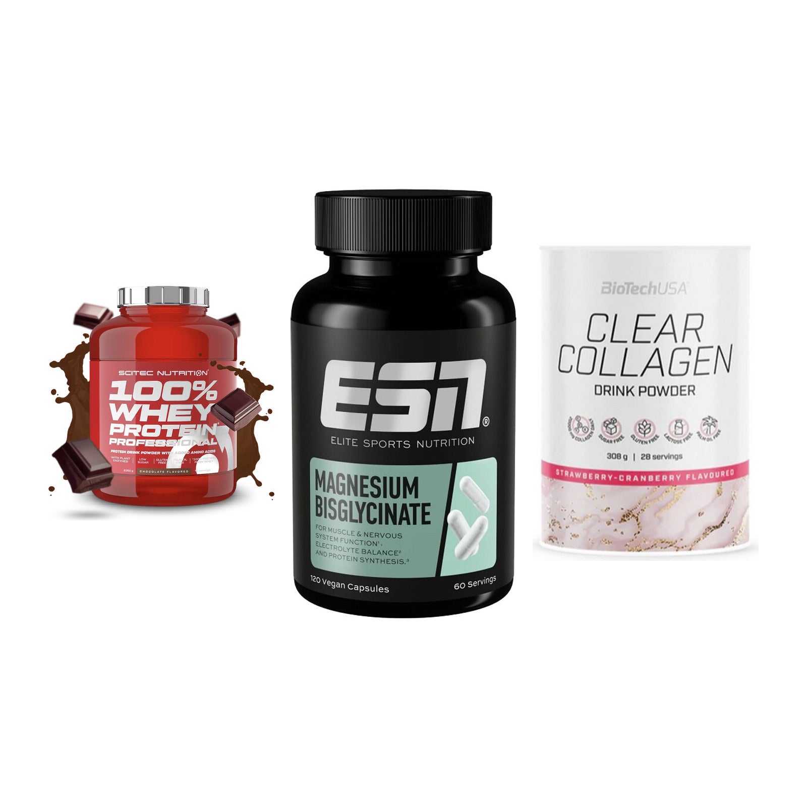 Regenerations-Set: Scitec 100% + ESN Magnesium + BioTech Clear – alle enthaltenen Artikel