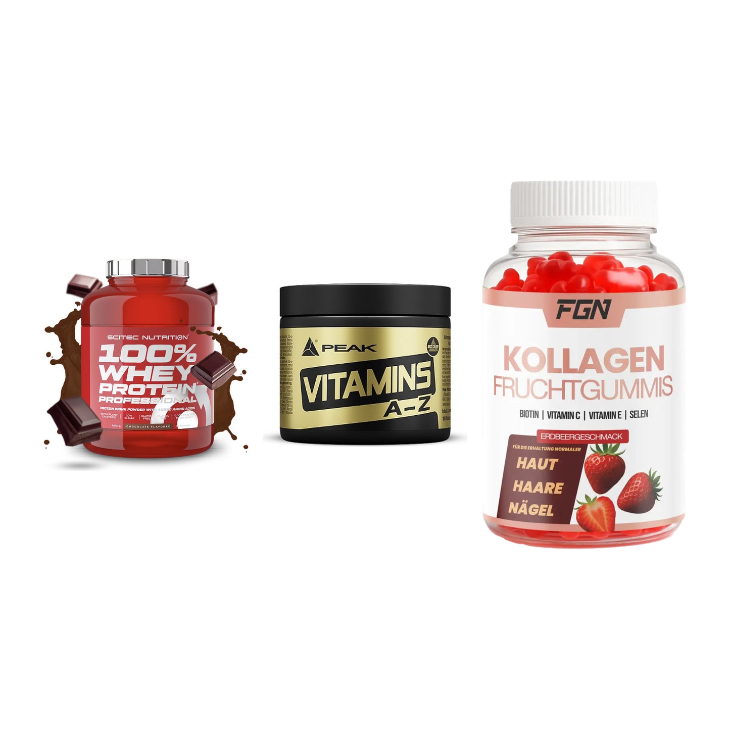 Regenerations-Set: Scitec 100% + Peak Vitamin + FGN Kollagen 60 – alle enthaltenen Artikel