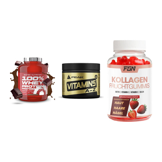 Regenerations-Set: Scitec 100% + Peak Vitamin + FGN Kollagen 60 – alle enthaltenen Artikel