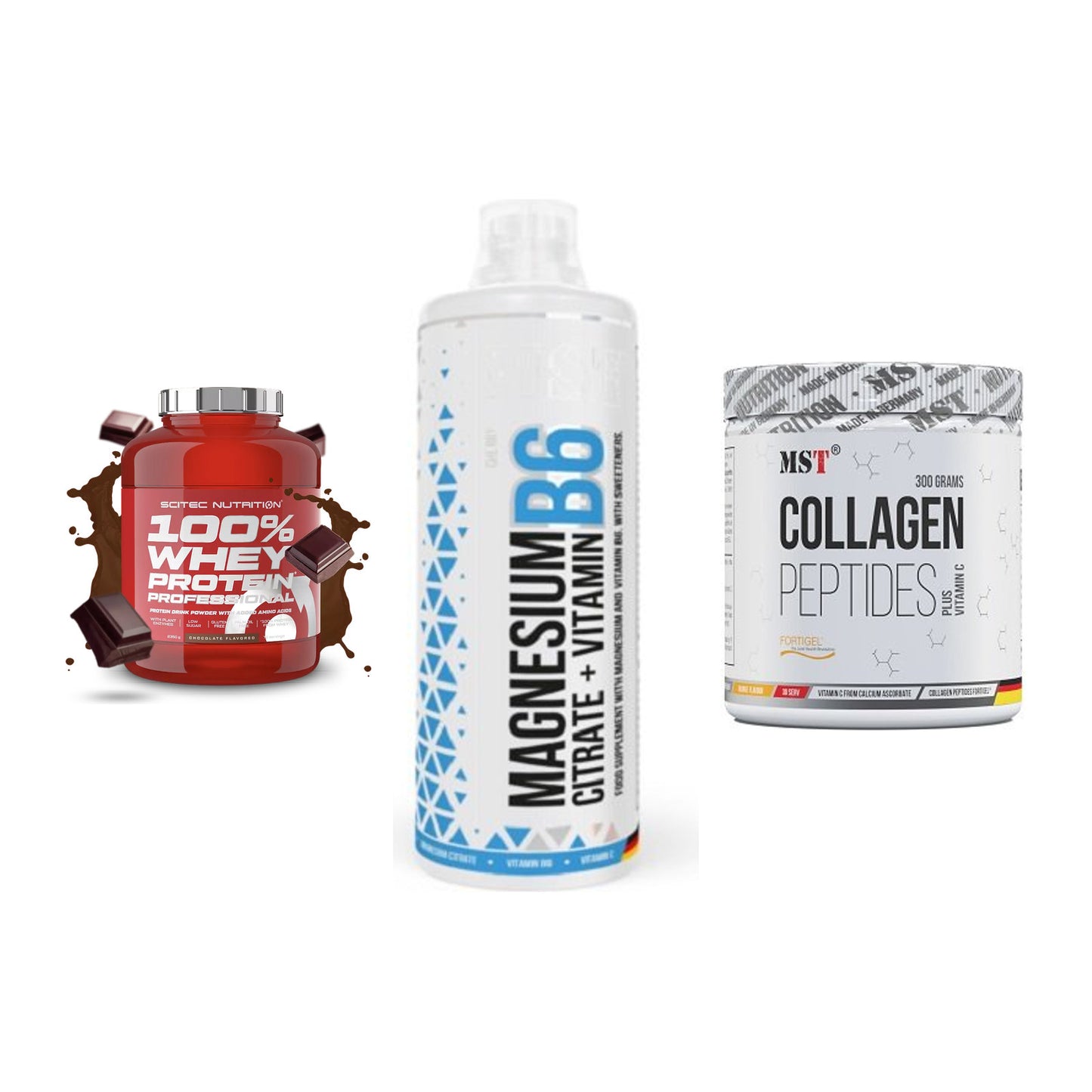 Regenerations-Set: Scitec 100% + MST Magnesium + MST Collagen – alle enthaltenen Artikel