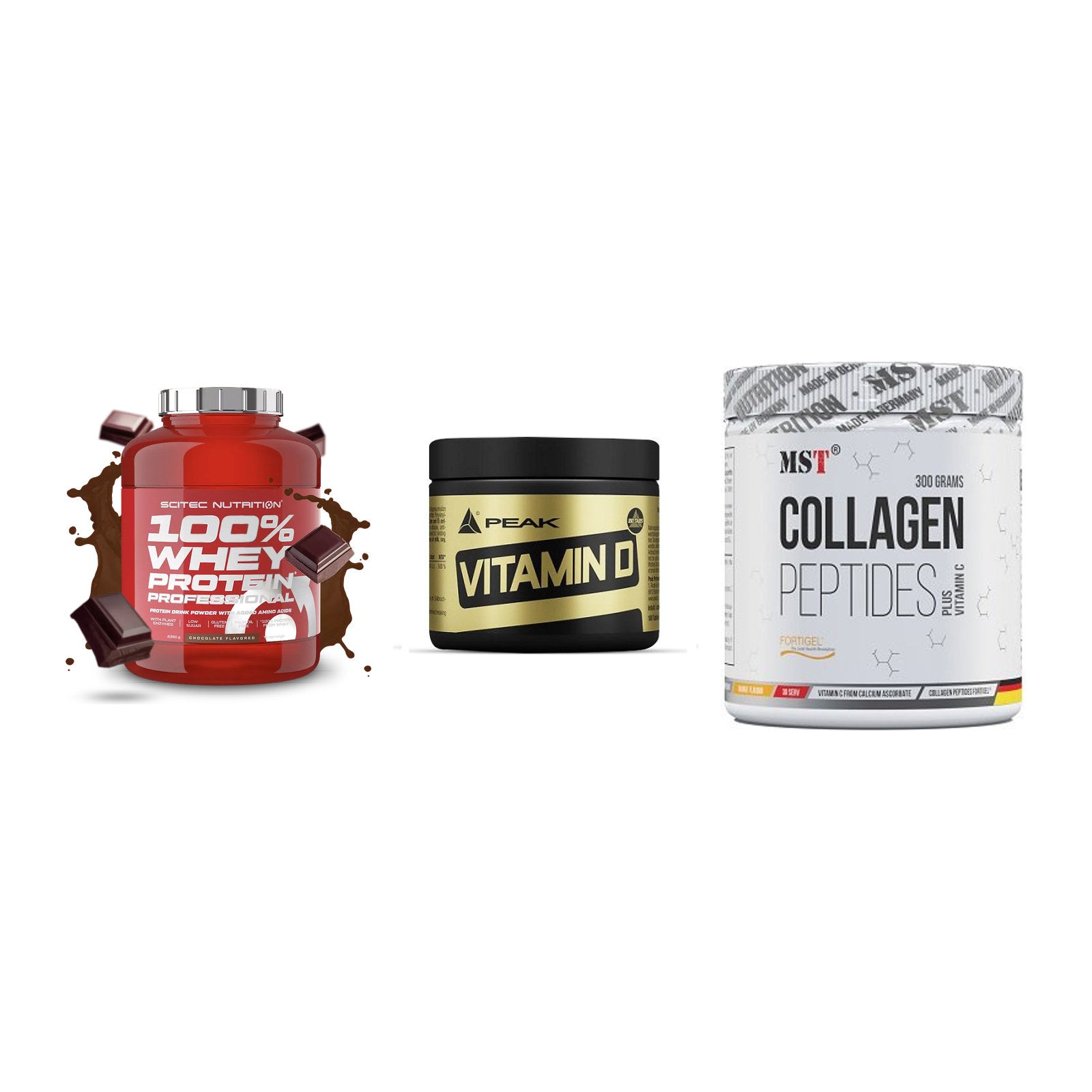 Regenerations-Set: Scitec 100% + Peak Vitamin D + MST Collagen – alle enthaltenen Artikel