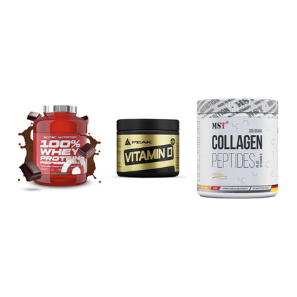 Regenerations-Set: Scitec 100% + Peak Vitamin D + MST Collagen – alle enthaltenen Artikel
