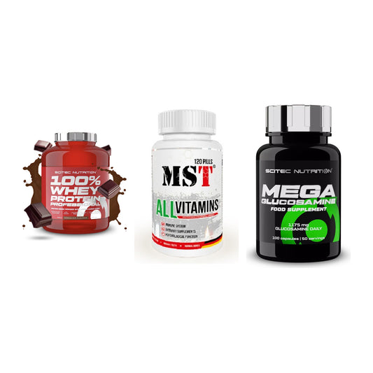 Regenerations-Set: Scitec 100% + MST All Vitamin + Scitec Mega – alle enthaltenen Artikel
