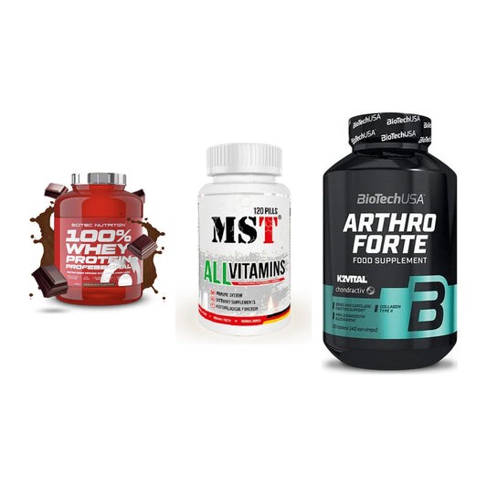 Regenerations-Set: Scitec 100% + MST All Vitamin + BioTech Arthro – alle enthaltenen Artikel