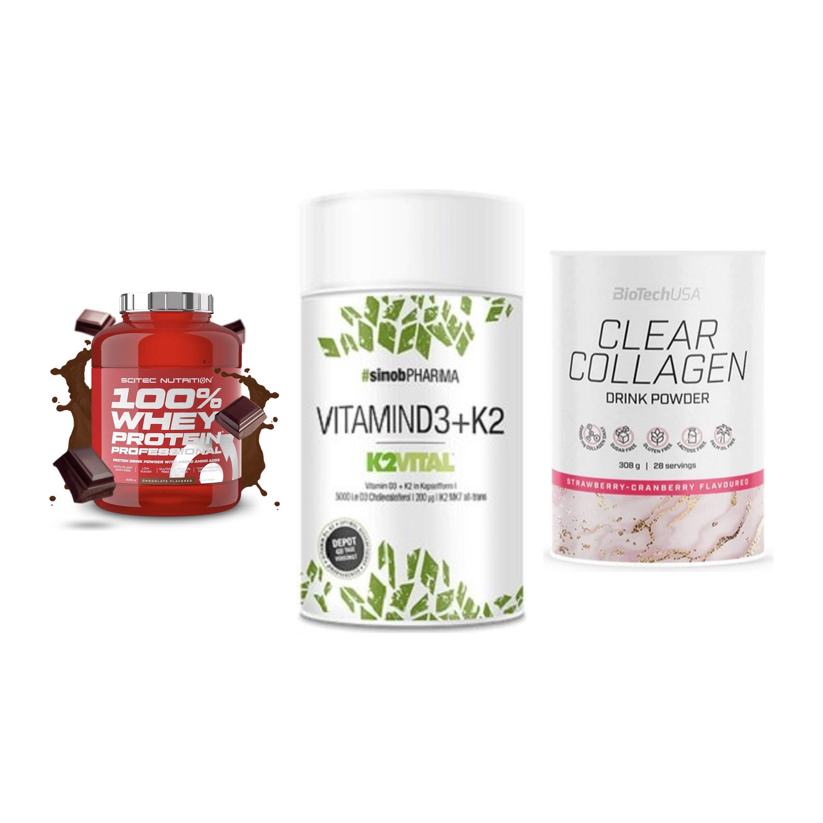Regenerations-Set: Scitec 100% + Sinob Vitamin + BioTech Clear – alle enthaltenen Artikel