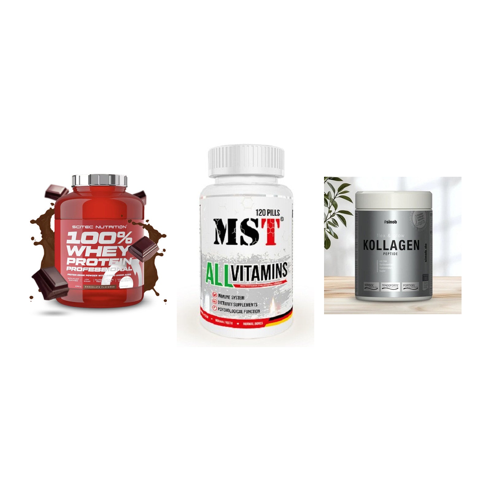 Regenerations-Set: Scitec 100% + MST All Vitamin + Sinob Kollagen – alle enthaltenen Artikel