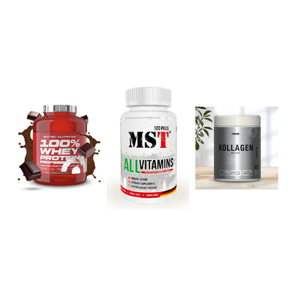 Regenerations-Set: Scitec 100% + MST All Vitamin + Sinob Kollagen – alle enthaltenen Artikel