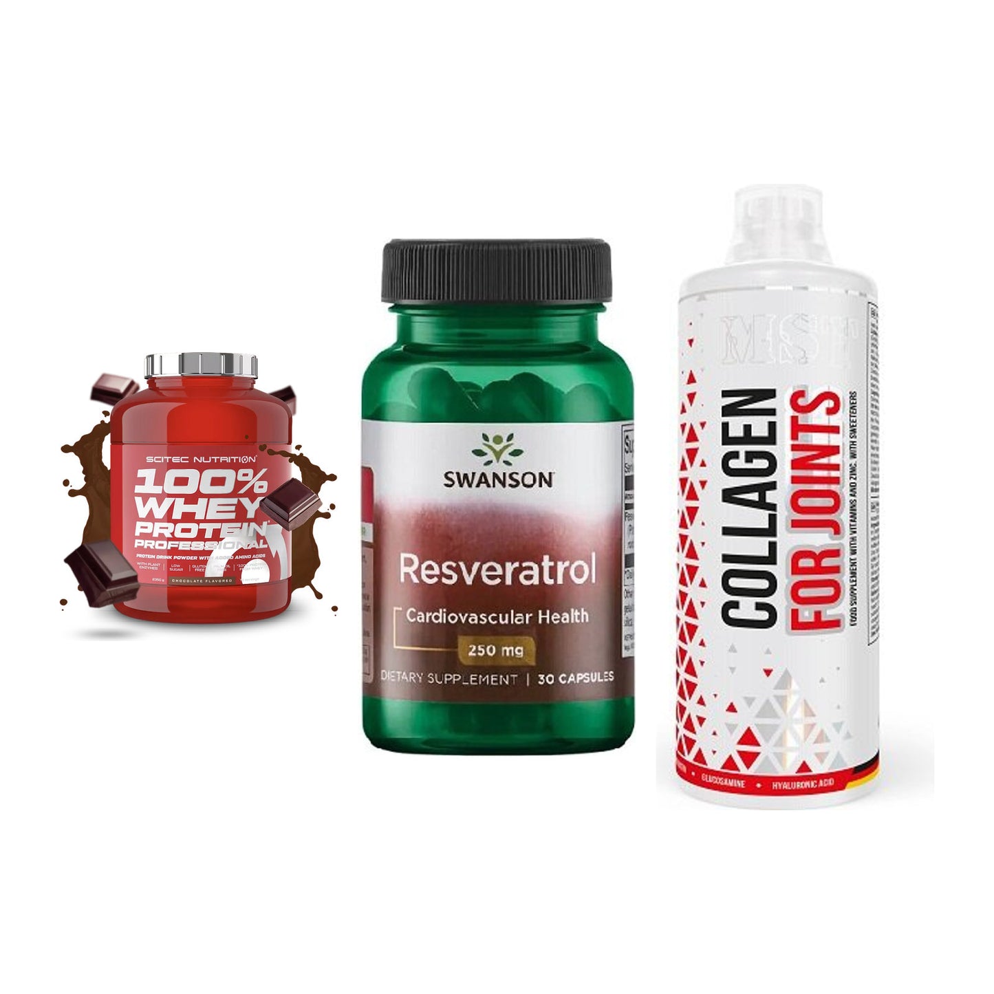Regenerations-Set: Scitec 100% + Swanson Resvera + MST Collagen – alle enthaltenen Artikel