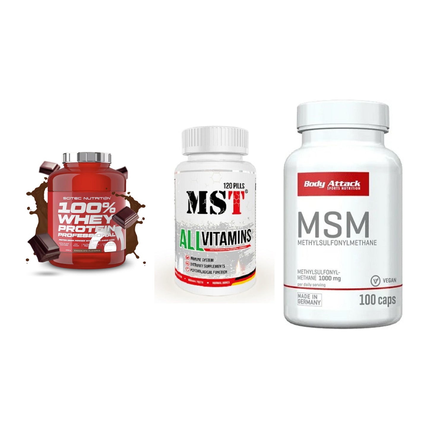 Regenerations-Set: Scitec 100% + MST All Vitamin + Body Attack MSM – alle enthaltenen Artikel