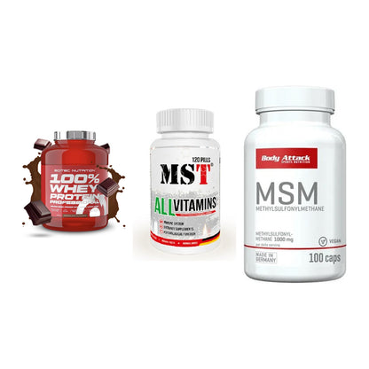 Regenerations-Set: Scitec 100% + MST All Vitamin + Body Attack MSM – alle enthaltenen Artikel