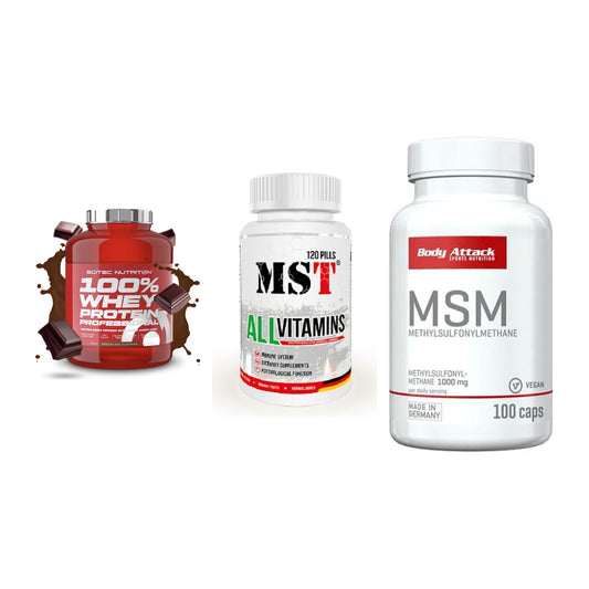 Regenerations-Set: Scitec 100% + MST All Vitamin + Body Attack MSM – alle enthaltenen Artikel