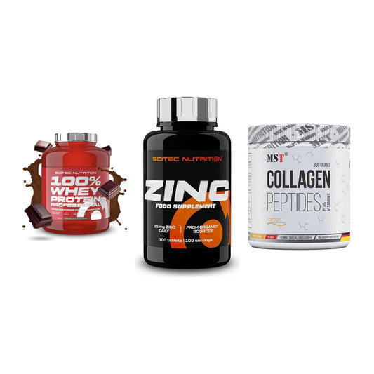 Regenerations-Set: Scitec 100% + Scitec Zinc + MST Collagen – alle enthaltenen Artikel