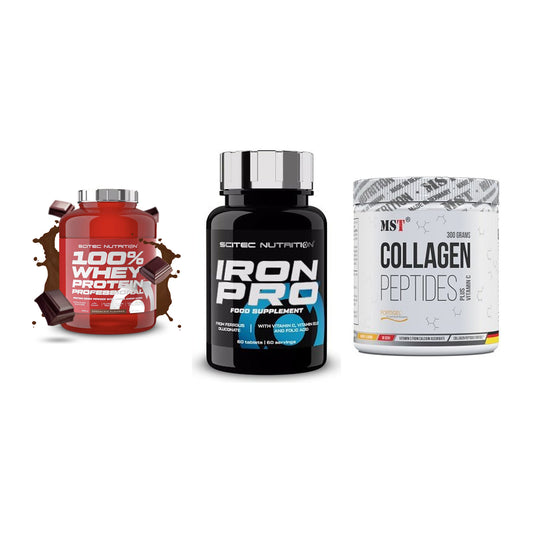 Regenerations-Set: Scitec 100% + Scitec Iron Pro + MST Collagen – alle enthaltenen Artikel