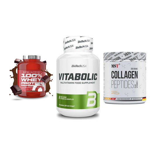 Regenerations-Set: Scitec 100% + BioTech Vitabol + MST Collagen – alle enthaltenen Artikel