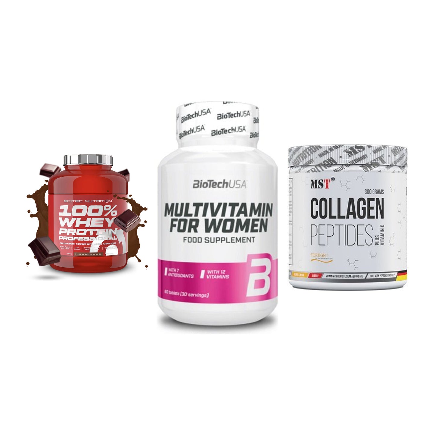 Regenerations-Set: Scitec 100% + BioTech Multivi + MST Collagen – alle enthaltenen Artikel