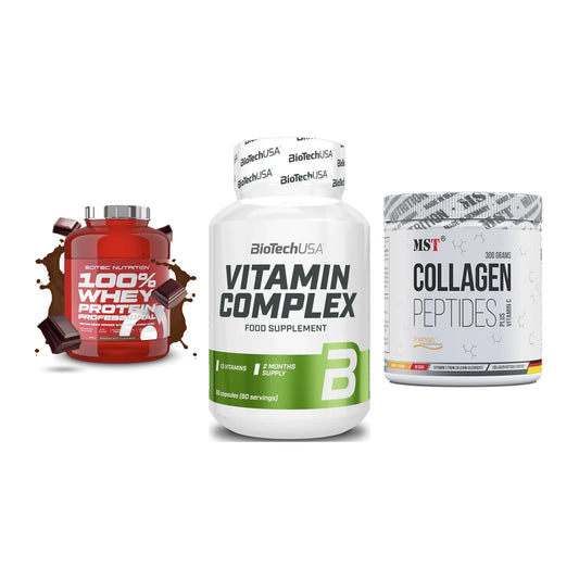Regenerations-Set: Scitec 100% + BioTech Vitamin + MST Collagen – alle enthaltenen Artikel