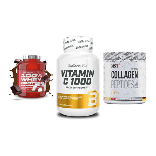Regenerations-Set: Scitec 100% + BioTech Vitamin + MST Collagen – alle enthaltenen Artikel