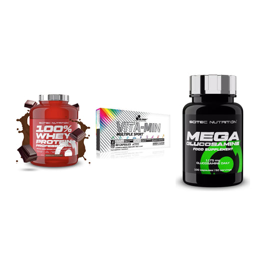 Regenerations-Set: Scitec 100% + Olimp Vita-Min + Scitec Mega – alle enthaltenen Artikel