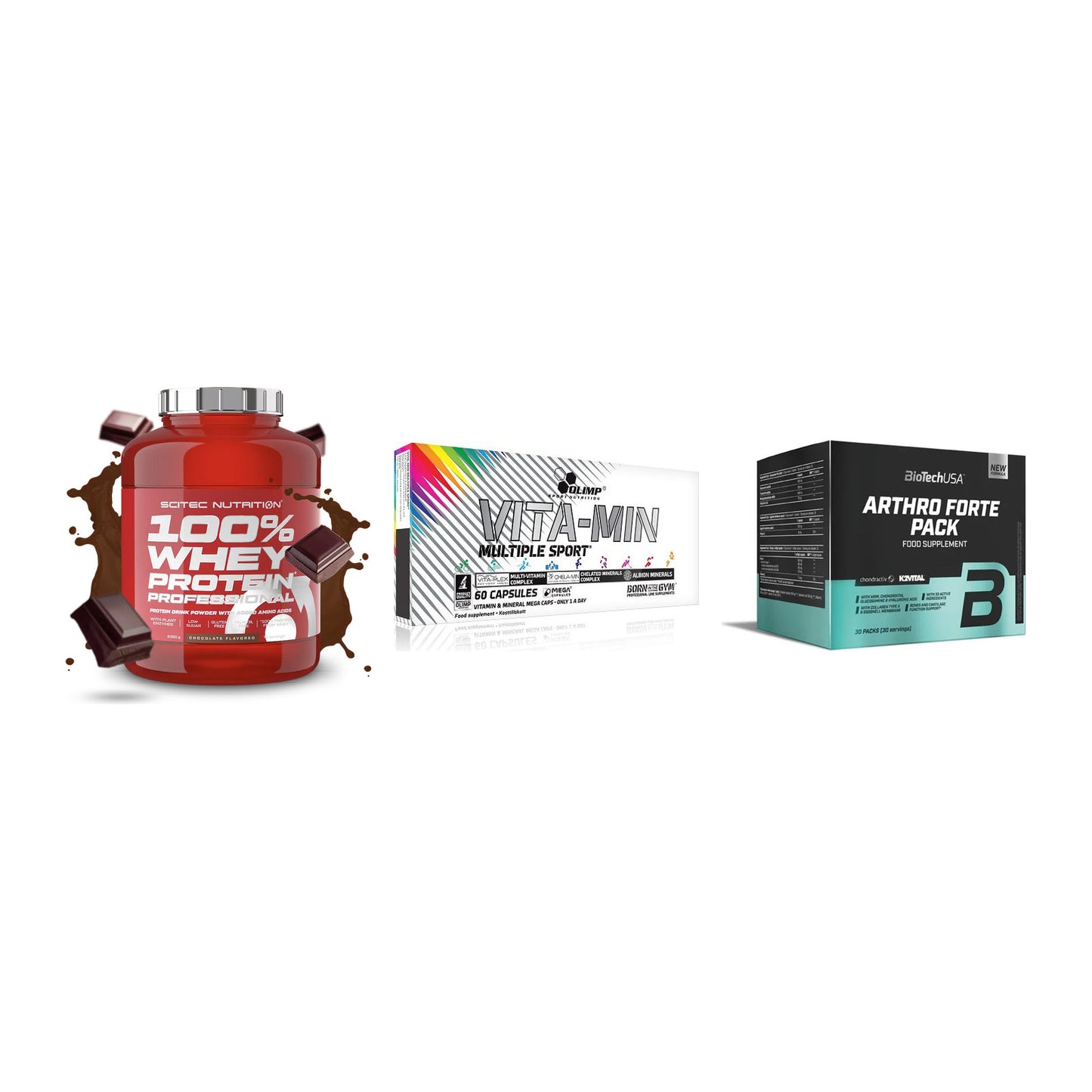 Regenerations-Set: Scitec 100% + Olimp Vita-Min + BioTech Arthro – alle enthaltenen Artikel